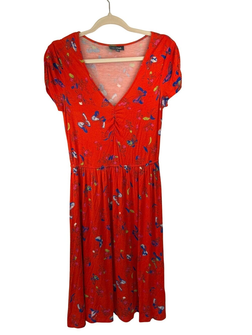 ModCloth Orange Butterfly Floral V-Neck Puff Sleeve Dress M